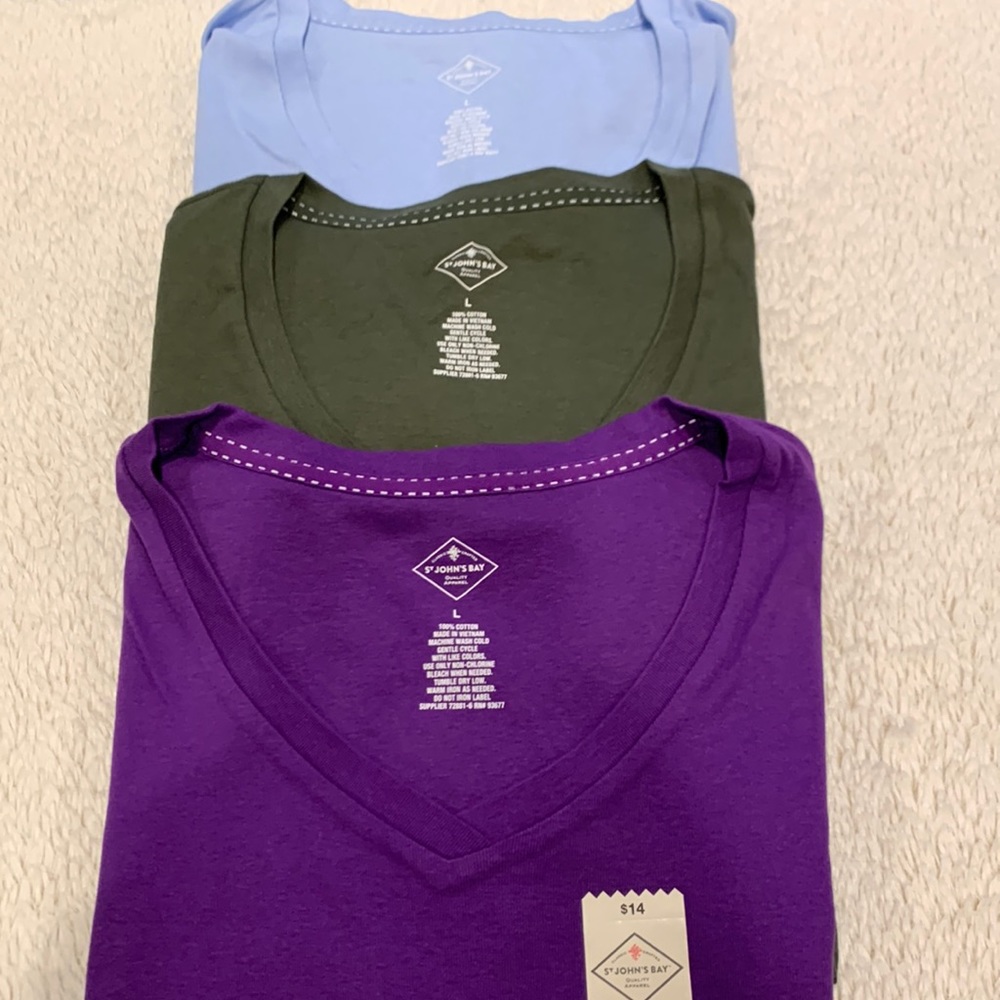 NWT St John’s Bay V-Neck T- Shirts. Bundle of 3. Purple, Army Green & Light Blue